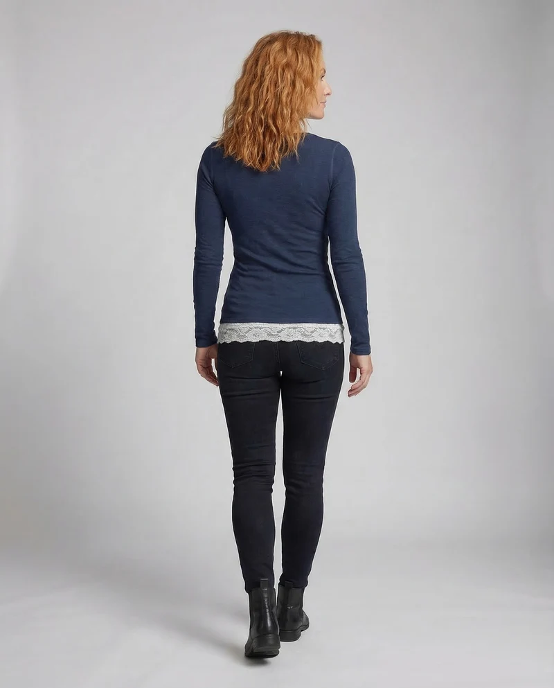 Damen Langarmshirt Knopfleiste Spitzenoptik