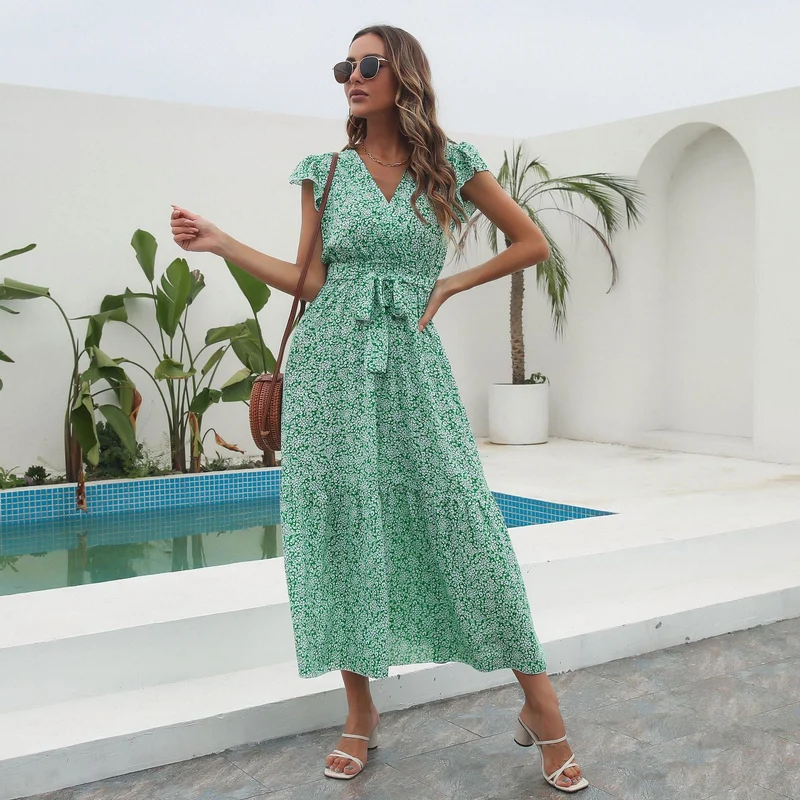 Damen Maxikleid mit floralem Muster und Taillengürtel