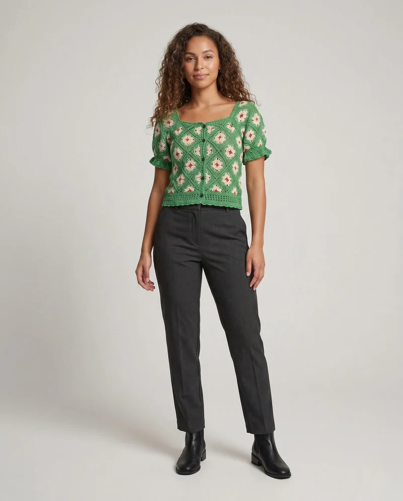 Damen Häkelbluse mit Knopfleiste und floralen Mustern