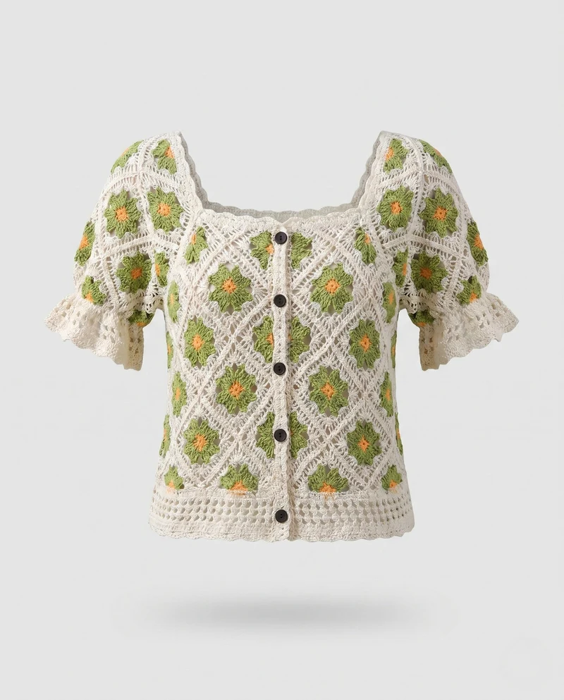 Damen Häkelbluse mit Knopfleiste und floralen Mustern