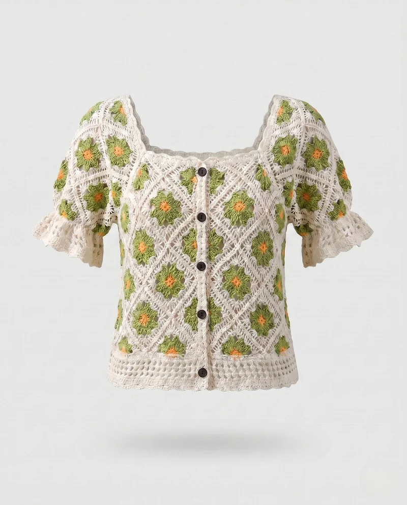 Damen Häkelbluse mit Knopfleiste und floralen Mustern