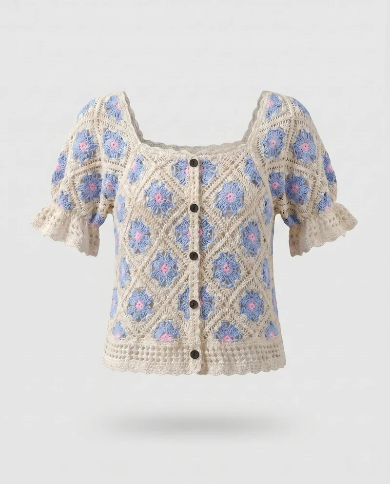 Damen Häkelbluse mit Knopfleiste und floralen Mustern