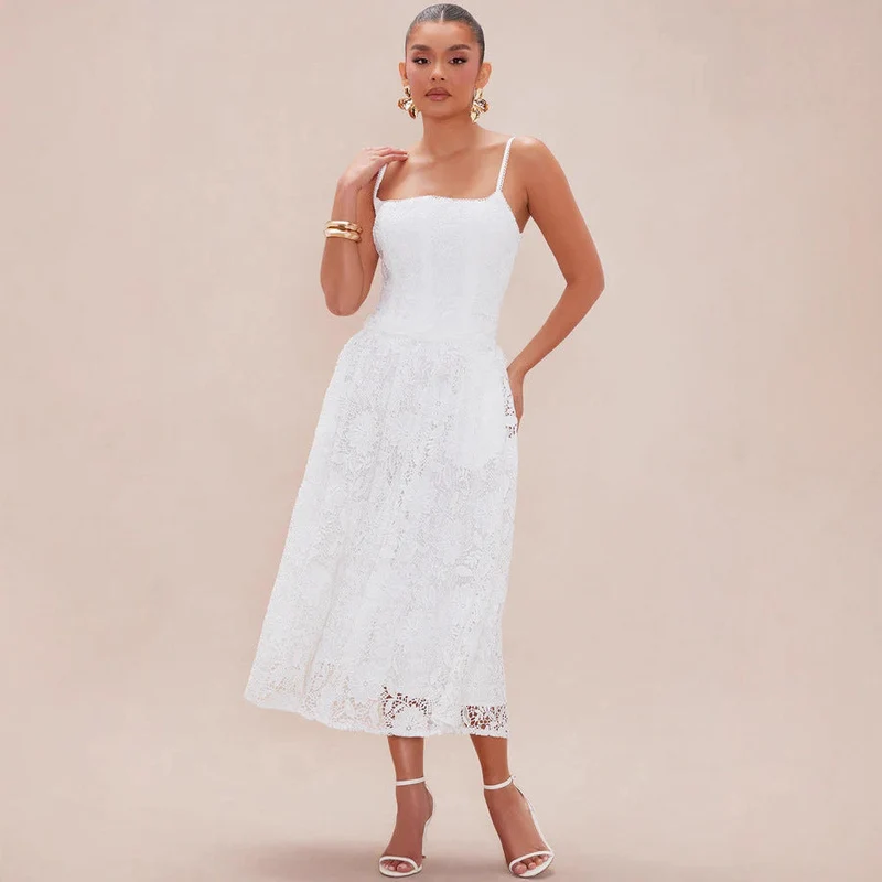 Damen Spitzen-Midi-Kleid mit zartem Blumenmuster und schwingendem Rock Nord Taschen