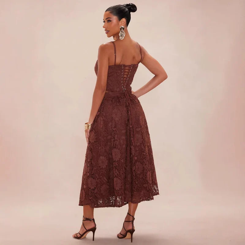 Damen Spitzen-Midi-Kleid mit zartem Blumenmuster und schwingendem Rock Nord Taschen