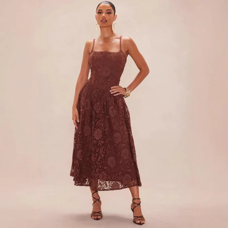 Damen Spitzen-Midi-Kleid mit zartem Blumenmuster und schwingendem Rock Nord Taschen