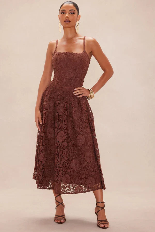 Damen Spitzen-Midi-Kleid mit zartem Blumenmuster und schwingendem Rock Nord Taschen