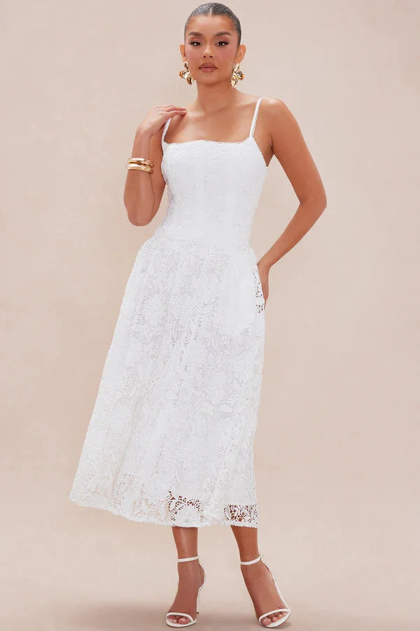 Damen Spitzen-Midi-Kleid mit zartem Blumenmuster und schwingendem Rock Nord Taschen