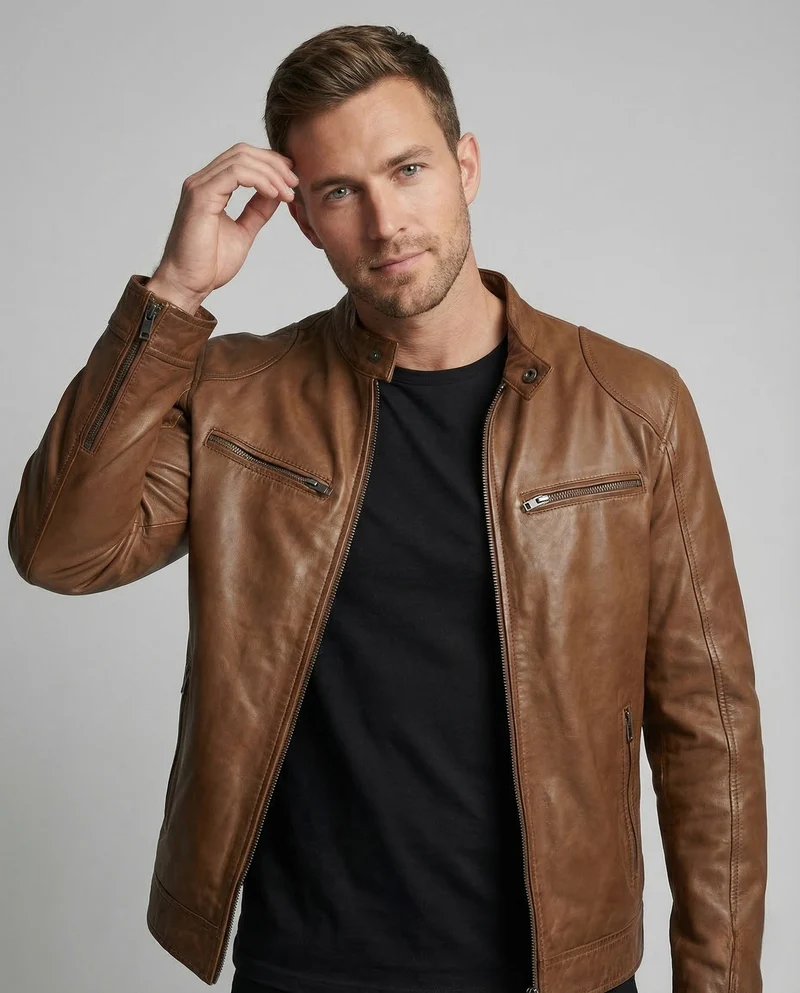 Herren Leder Bikerjacke Stehkragen