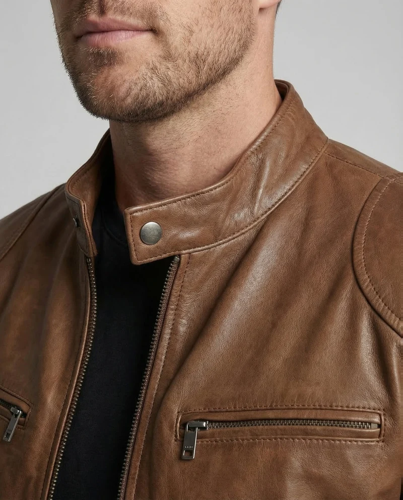 Herren Leder Bikerjacke Stehkragen