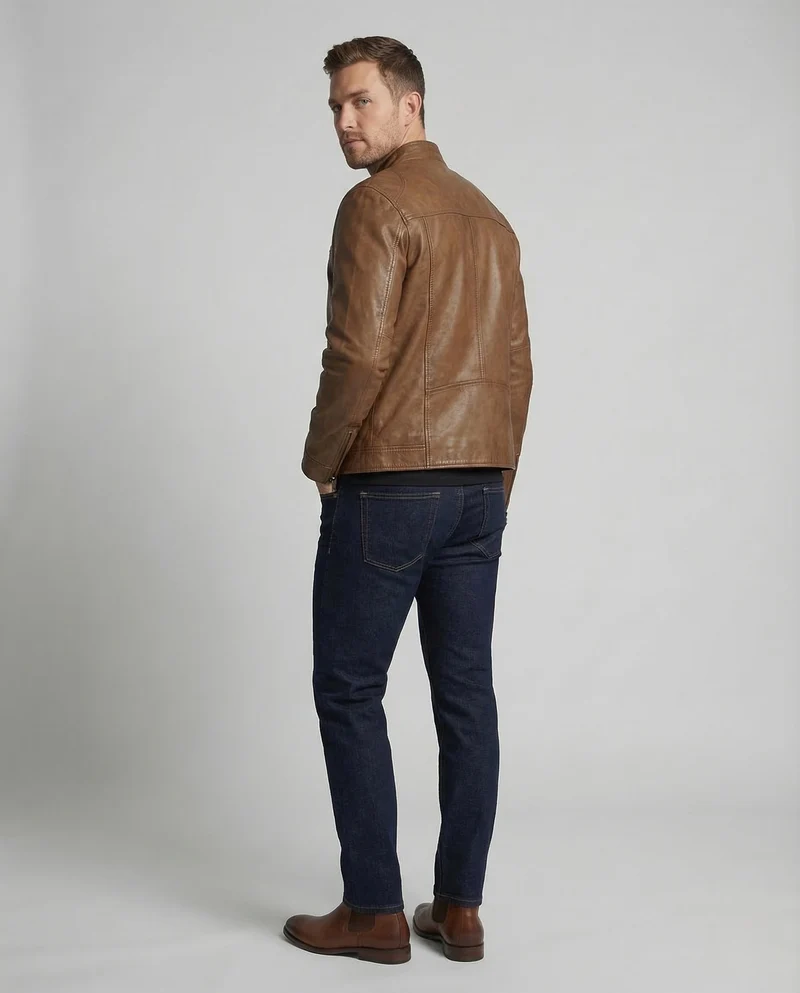 Herren Leder Bikerjacke Stehkragen