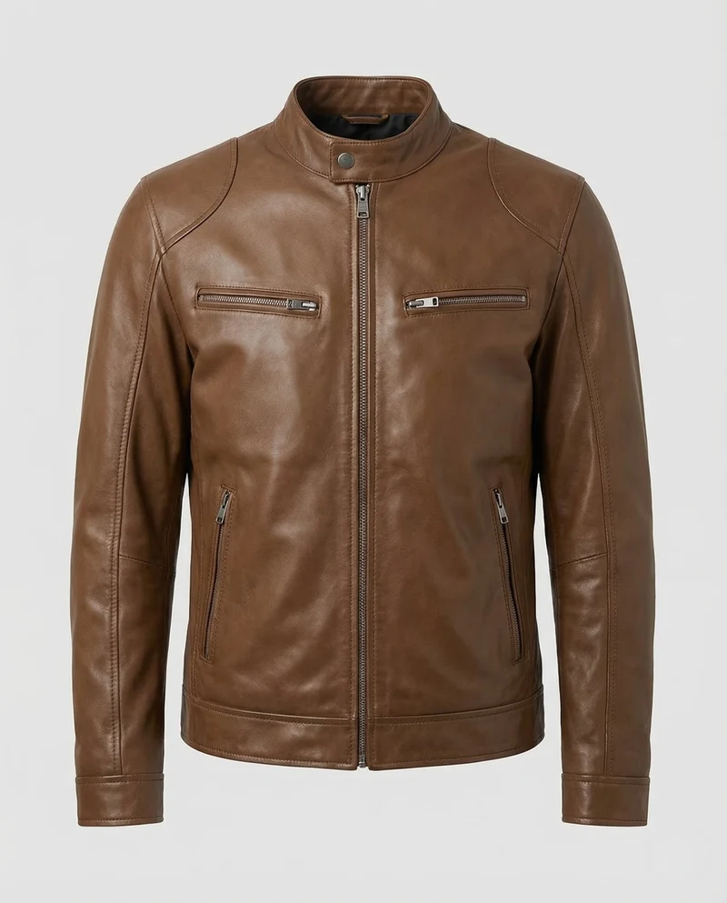 Herren Leder Bikerjacke Stehkragen