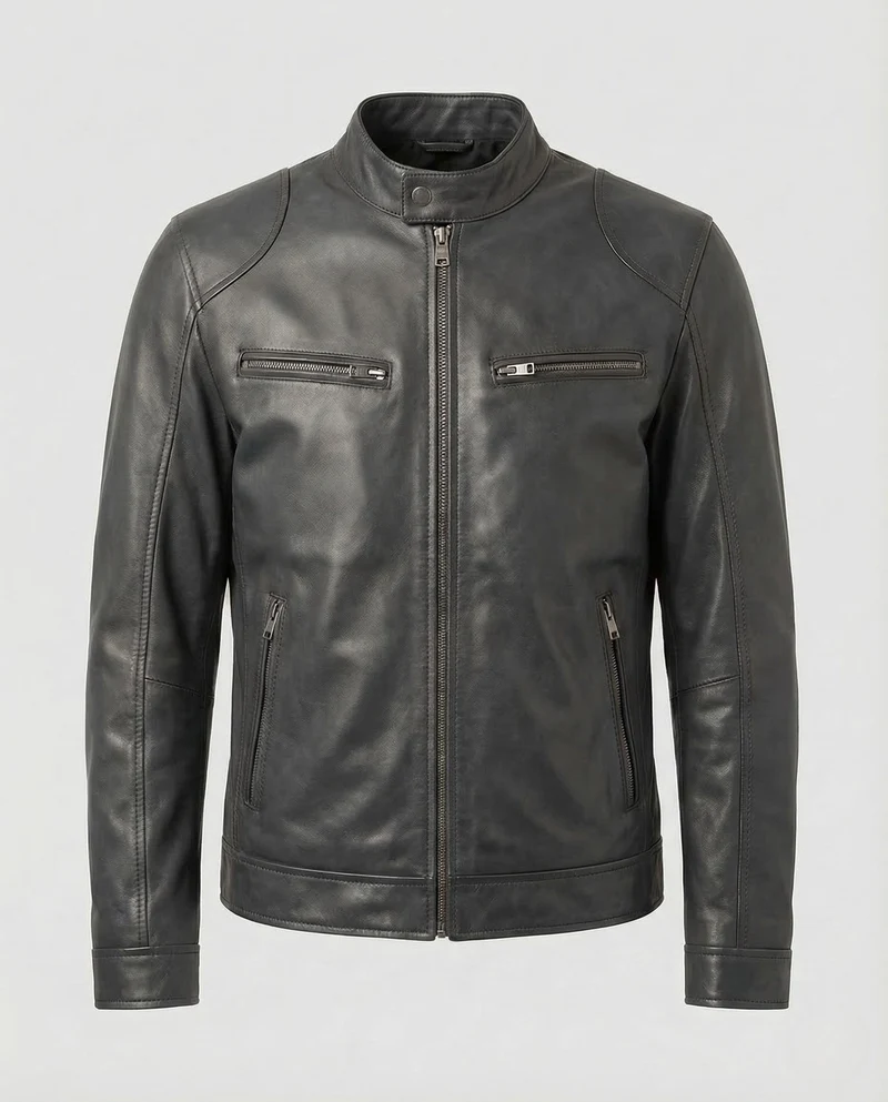Herren Leder Bikerjacke Stehkragen