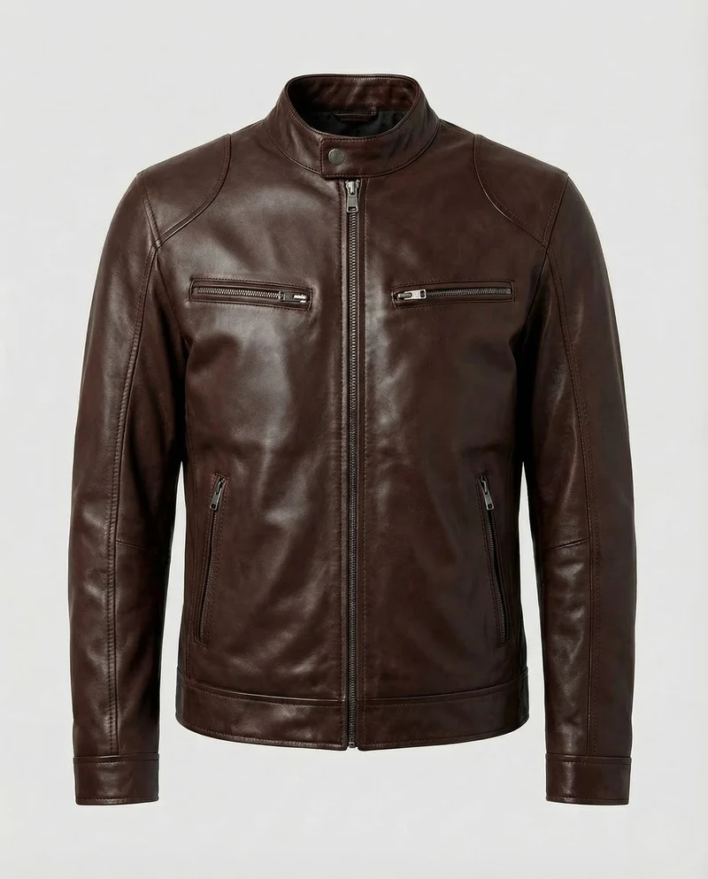 Herren Leder Bikerjacke Stehkragen