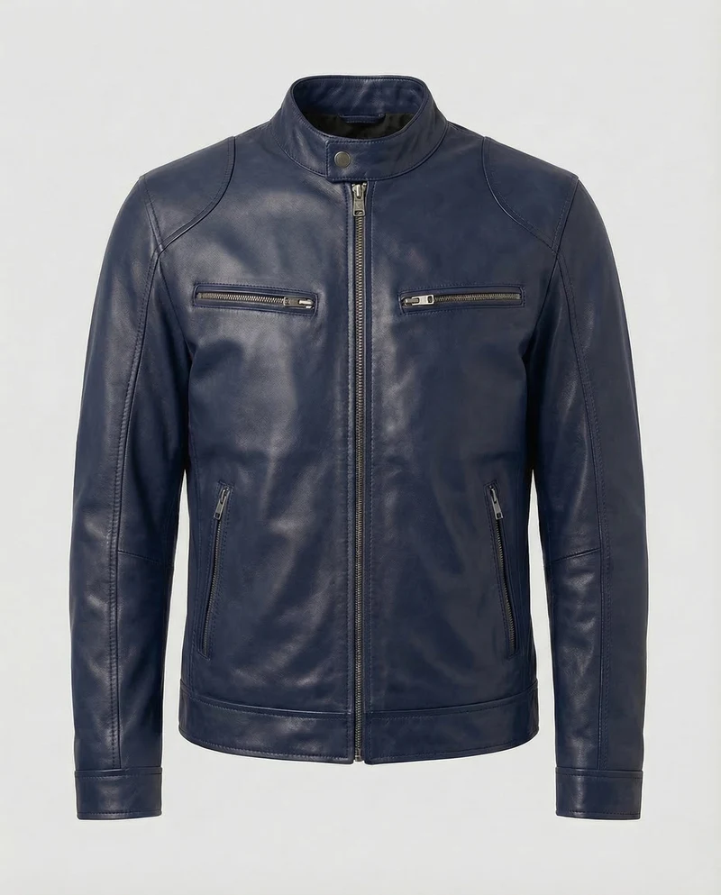 Herren Leder Bikerjacke Stehkragen