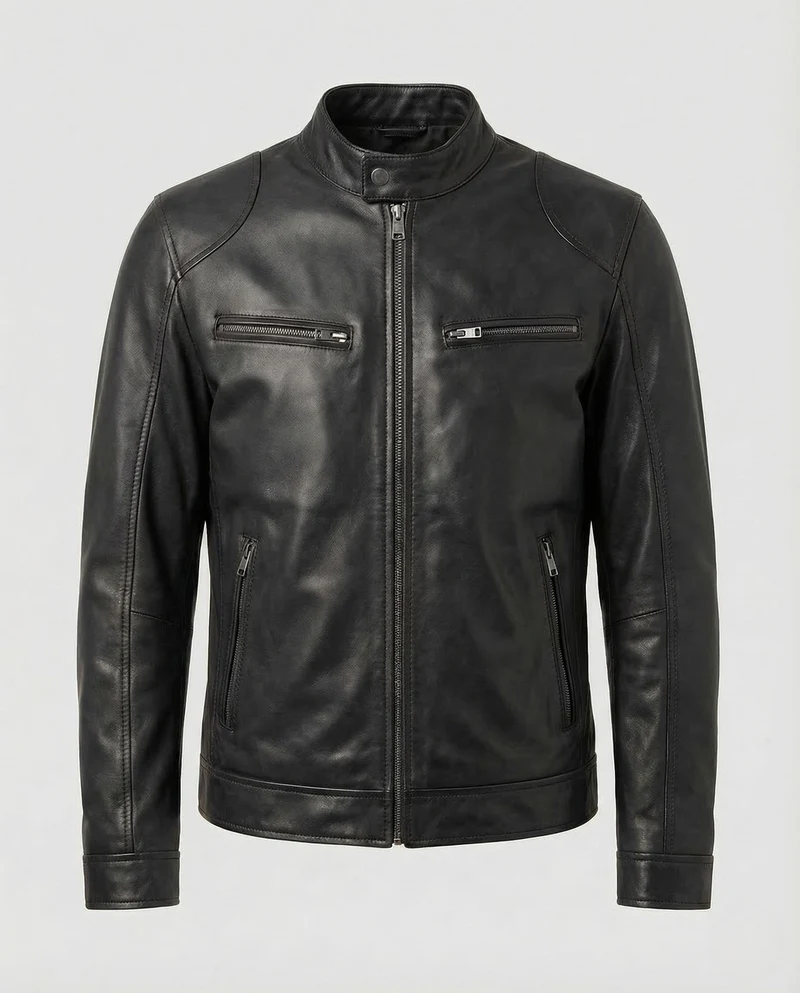 Herren Leder Bikerjacke Stehkragen
