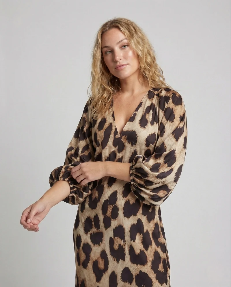 Damen Kaftan Midikleid Leopardenmuster