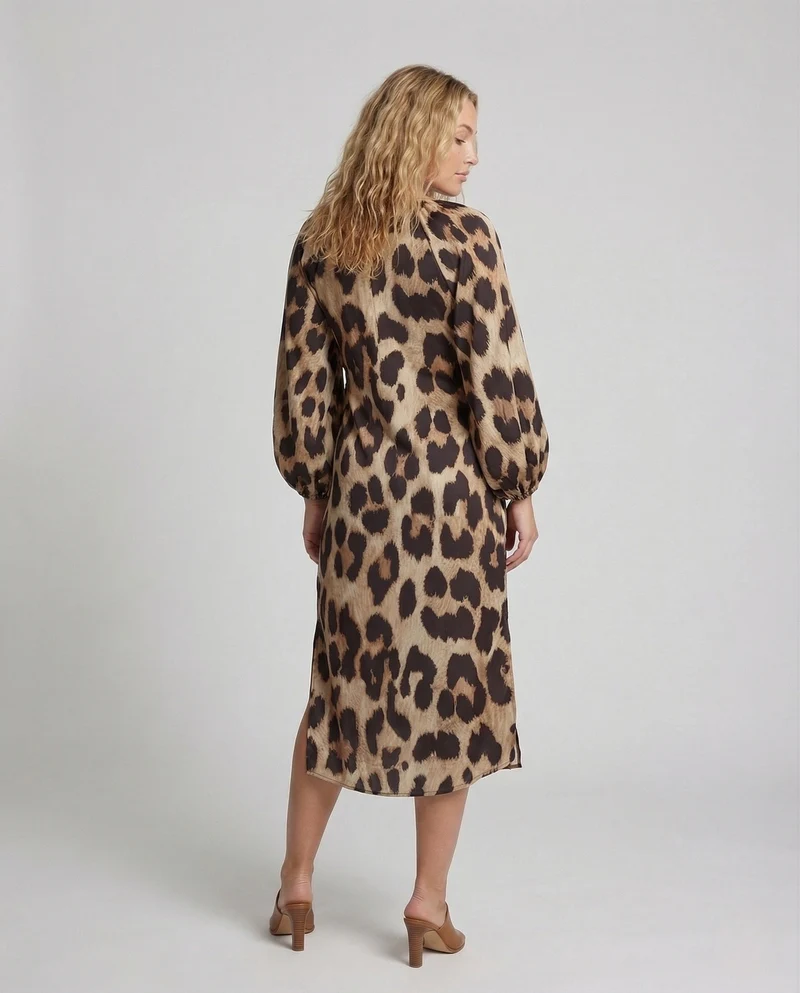 Damen Kaftan Midikleid Leopardenmuster