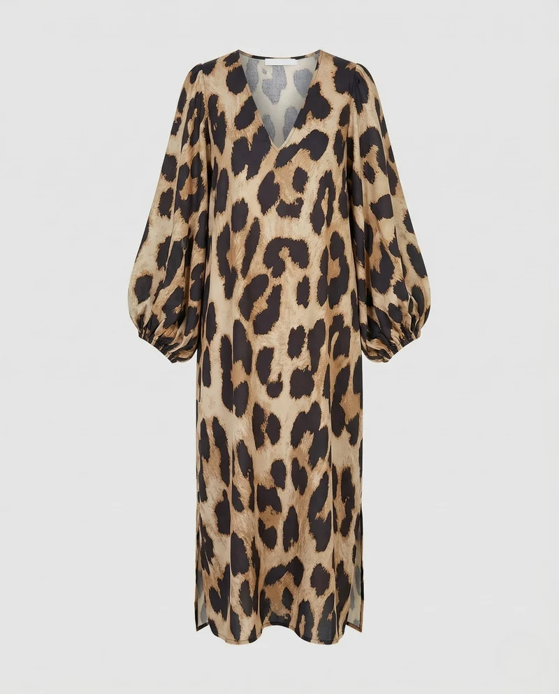 Damen Kaftan Midikleid Leopardenmuster