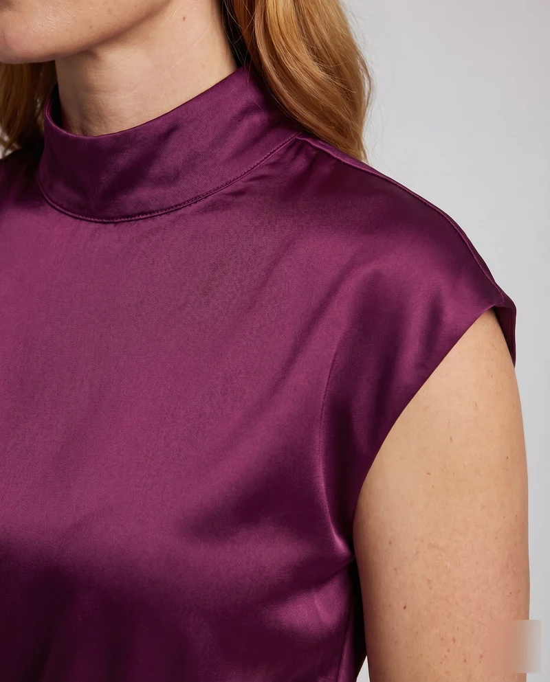 Damen Satin-Etuikleid Drapierter Rollkragen Taillenraffung Beinschlitz