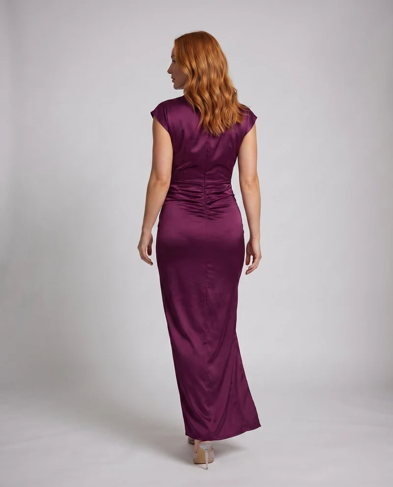 Damen Satin-Etuikleid Drapierter Rollkragen Taillenraffung Beinschlitz