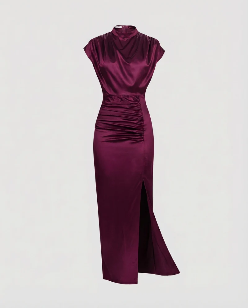 Damen Satin-Etuikleid Drapierter Rollkragen Taillenraffung Beinschlitz