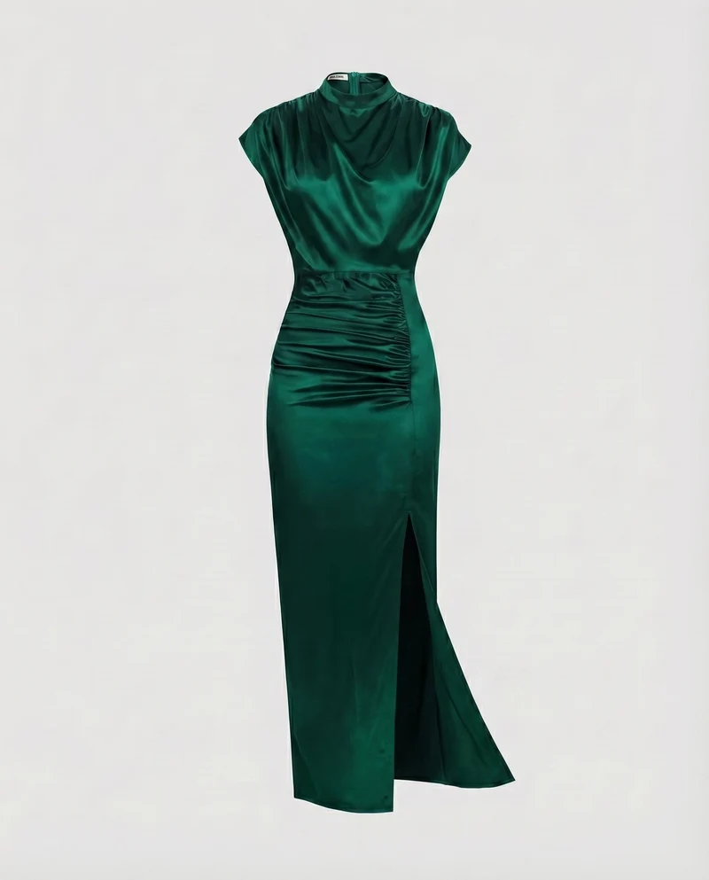 Damen Satin-Etuikleid Drapierter Rollkragen Taillenraffung Beinschlitz