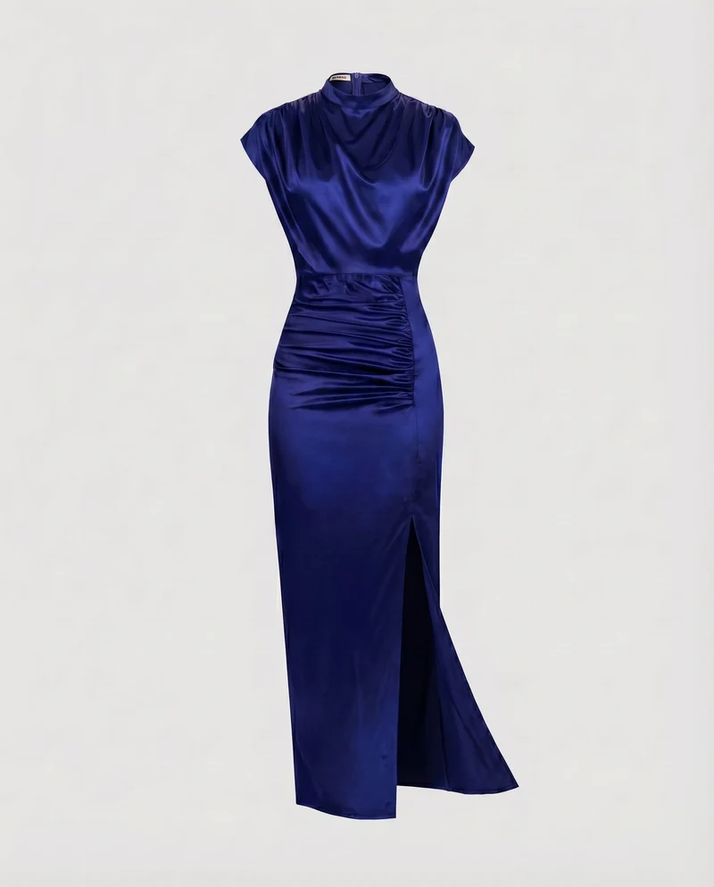 Damen Satin-Etuikleid Drapierter Rollkragen Taillenraffung Beinschlitz
