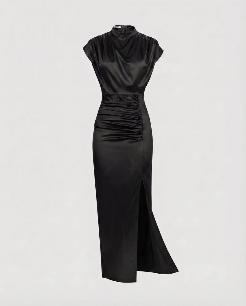 Damen Satin-Etuikleid Drapierter Rollkragen Taillenraffung Beinschlitz