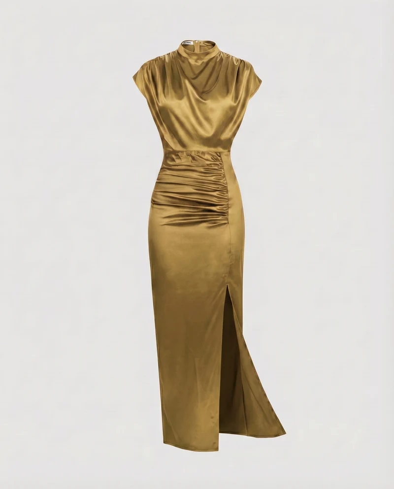 Damen Satin-Etuikleid Drapierter Rollkragen Taillenraffung Beinschlitz
