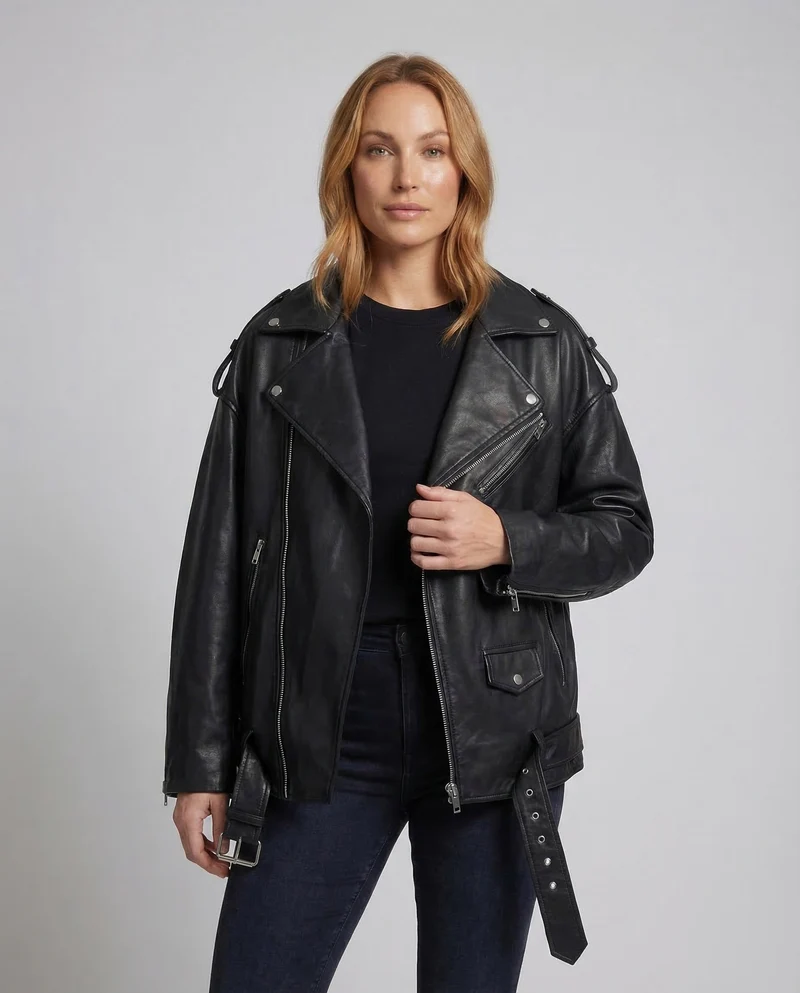 Damen Kunstleder Bikerjacke Oversize