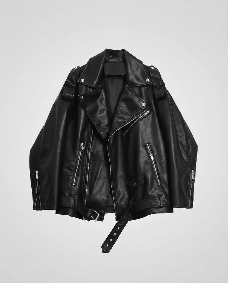 Damen Kunstleder Bikerjacke Oversize