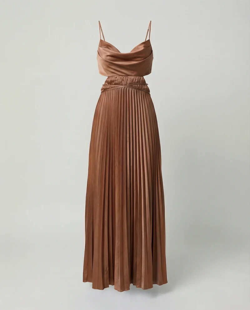 Damen Satin Maxikleid mit Faltenrock und Cut-Out