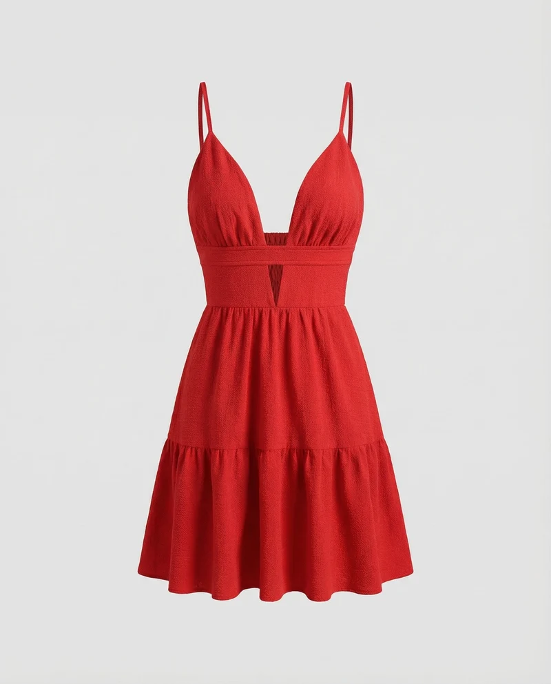 Damen Spaghettiträger-Minikleid Stufiger Volantrock