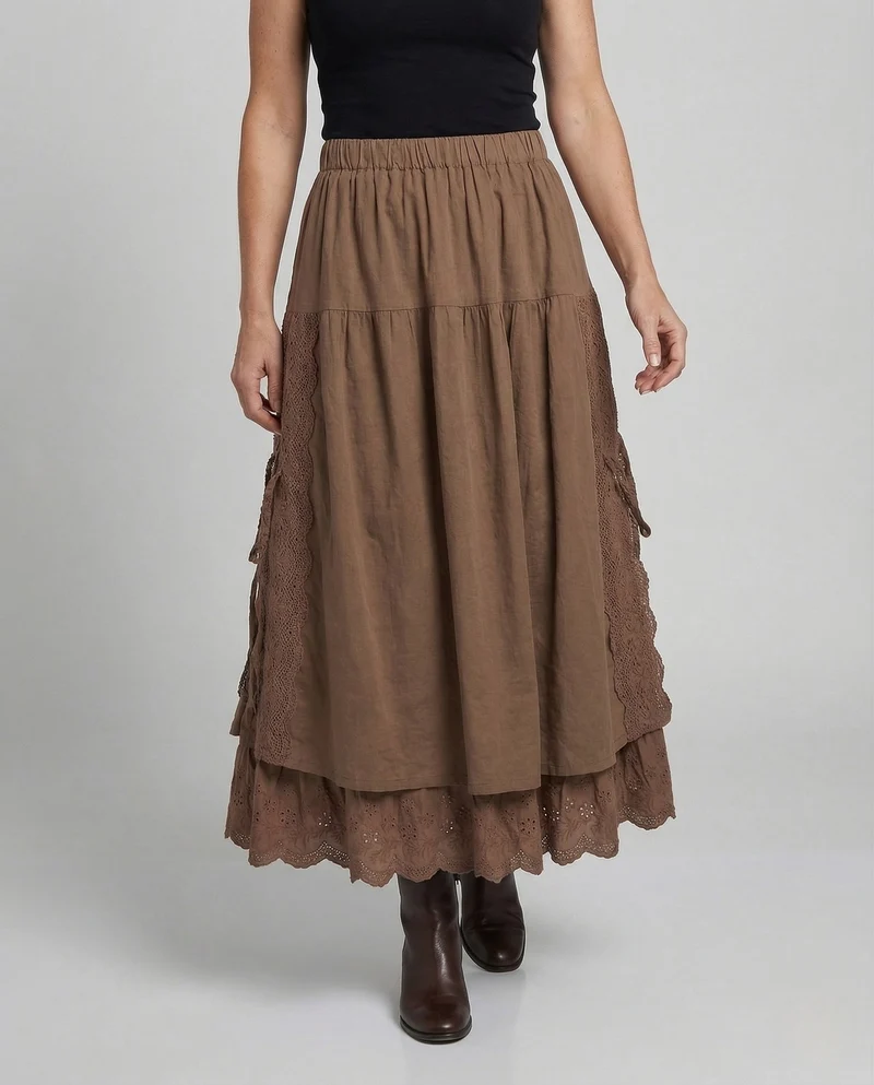 Damen Boho Lagenrock mit Spitze