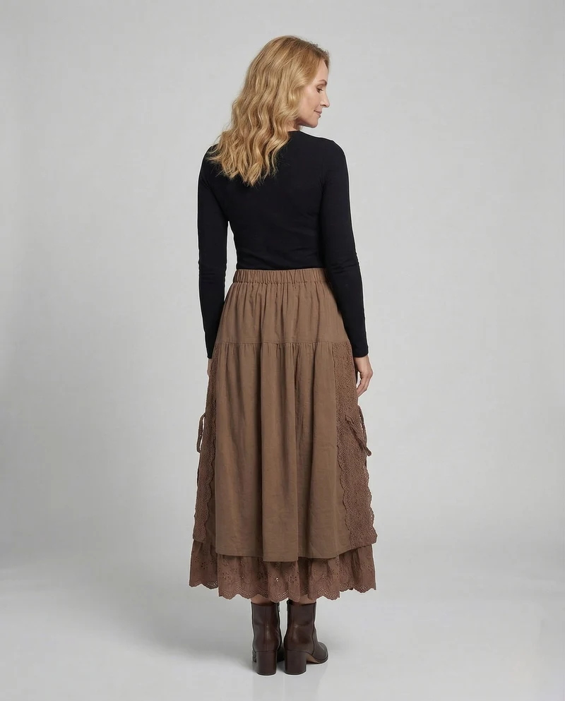 Damen Boho Lagenrock mit Spitze