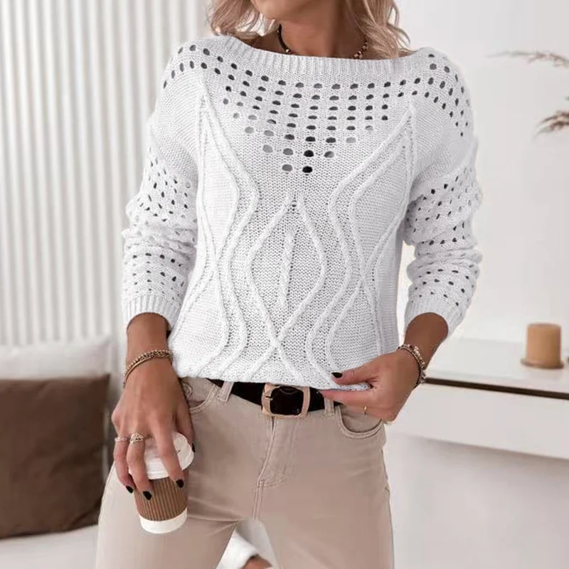 Damen Strickpullover mit luftigen Lochmustern und zartem Zopfdesign