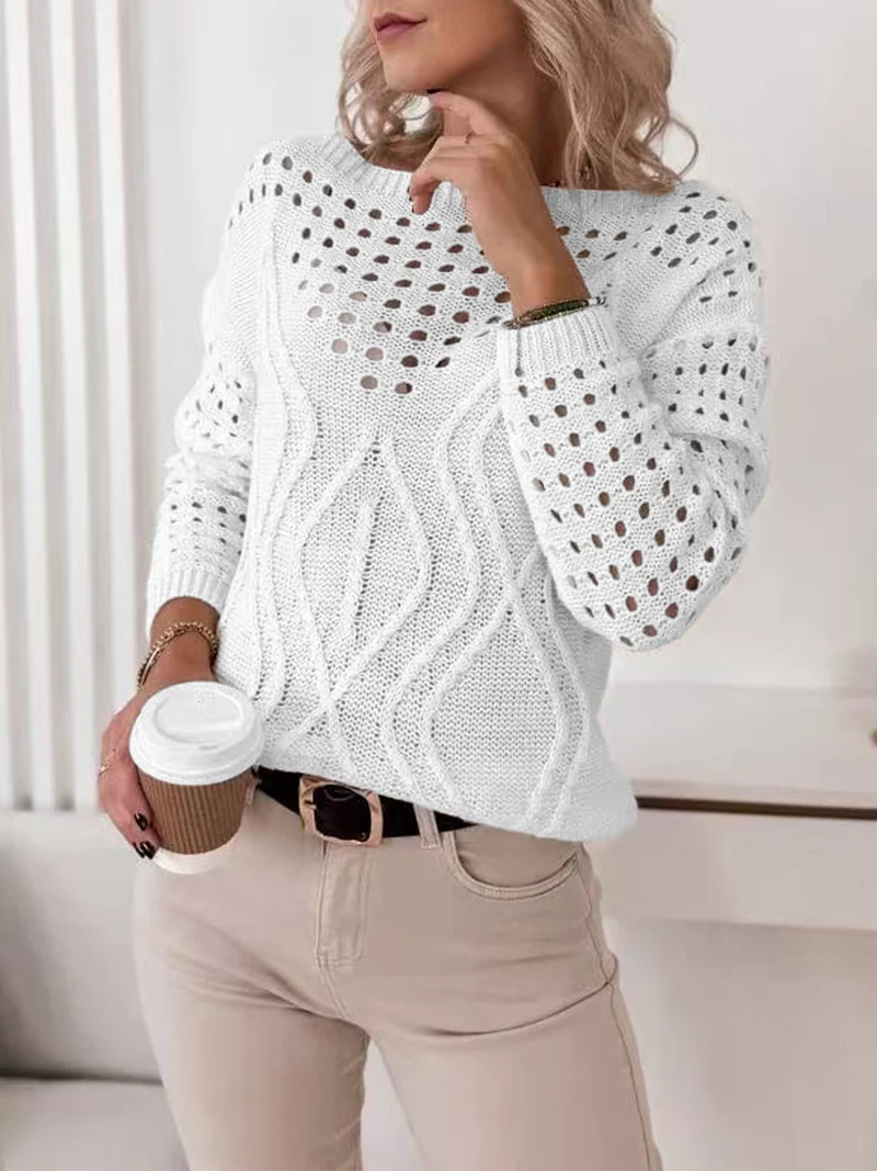 Damen Strickpullover mit luftigen Lochmustern und zartem Zopfdesign
