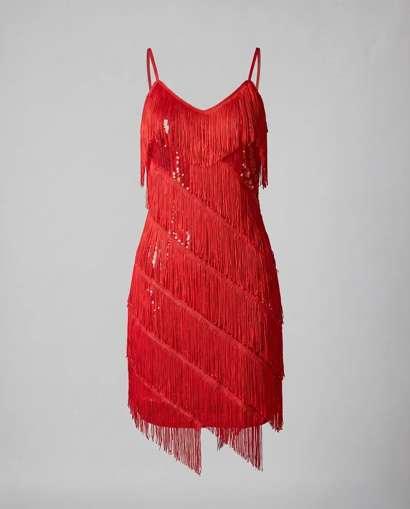 Damen Tanz-Minikleid Fransenlagen Spaghettiträger