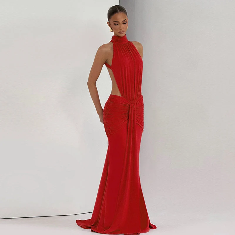 Damen Elegantes Maxikleid mit hochgeschlossenem Kragen und raffiniertem Drapé Nord Taschen