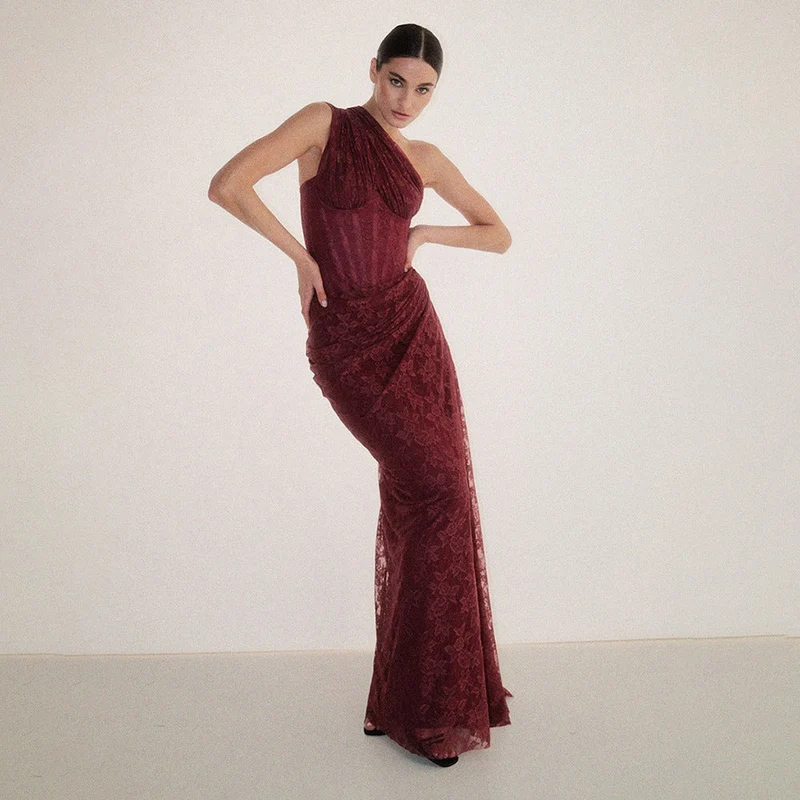 Damen elegantes Abendkleid mit asymmetrischem One-Shoulder-Design und floralem Spitzenbesatz