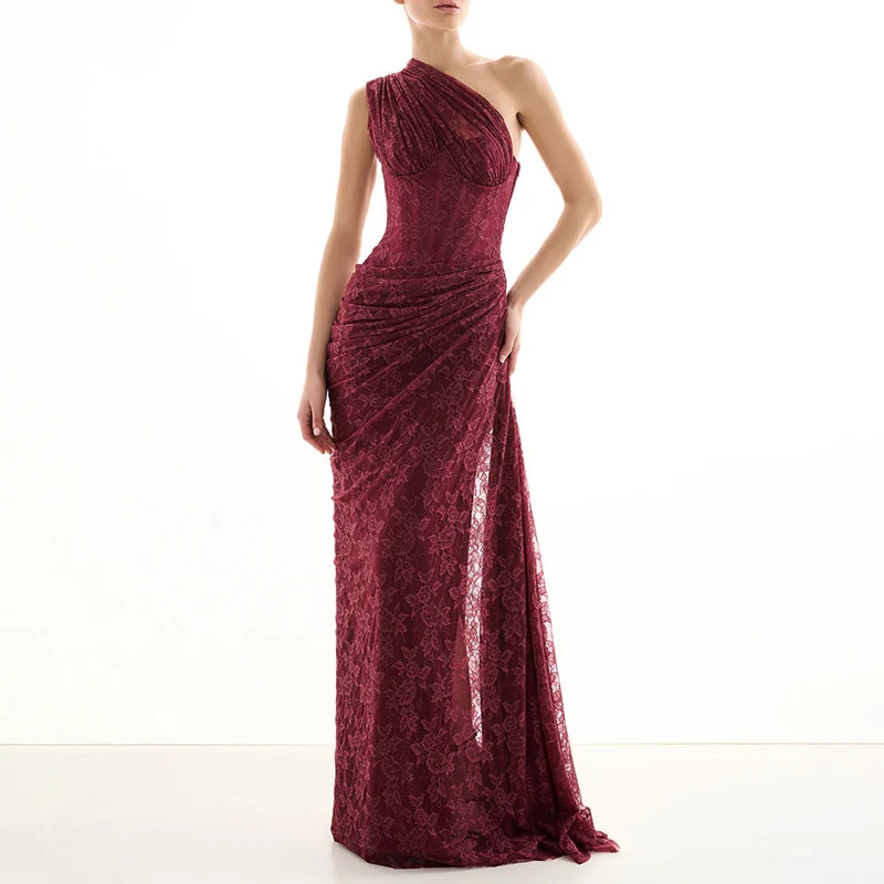 Damen elegantes Abendkleid mit asymmetrischem One-Shoulder-Design und floralem Spitzenbesatz