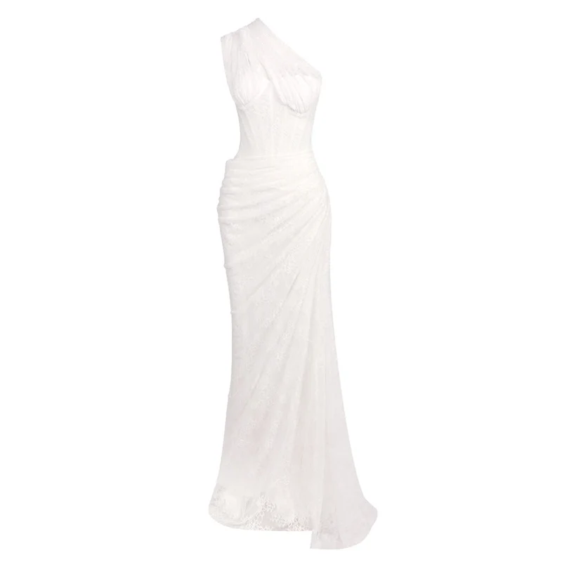 Damen elegantes Abendkleid mit asymmetrischem One-Shoulder-Design und floralem Spitzenbesatz