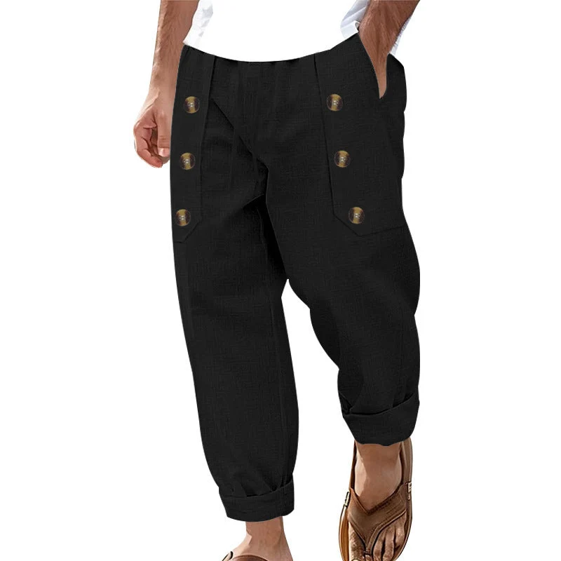 Herren Bequeme Leinenhose mit seitlichen Knöpfen und elastischem Bund