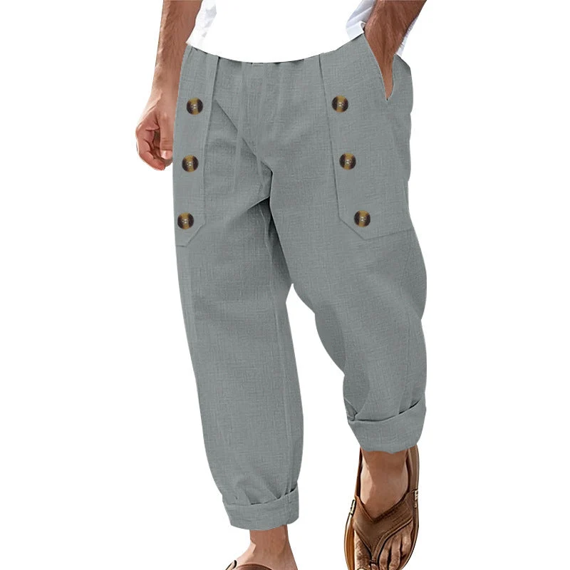 Herren Bequeme Leinenhose mit seitlichen Knöpfen und elastischem Bund