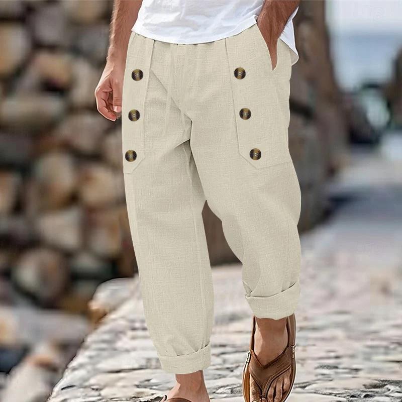 Herren Bequeme Leinenhose mit seitlichen Knöpfen und elastischem Bund