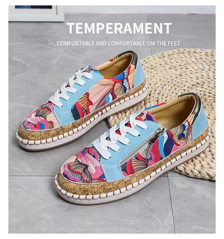 Damen Modische Sneaker mit buntem Muster und hochwertigem Korkrand