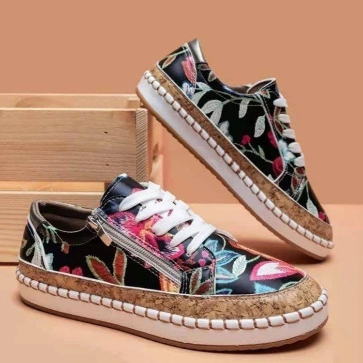 Damen Modische Sneaker mit buntem Muster und hochwertigem Korkrand