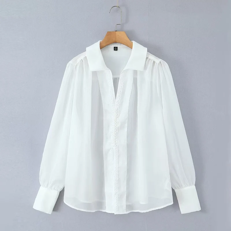 Damen elegante Chiffonbluse mit raffinierten Puffärmeln und edlem Kragen