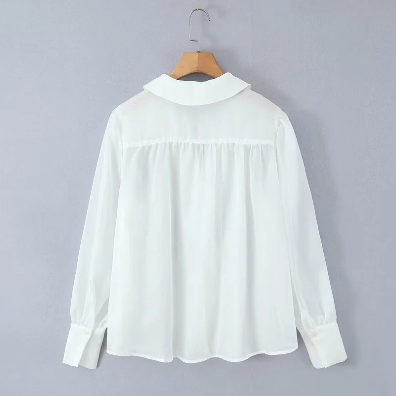 Damen elegante Chiffonbluse mit raffinierten Puffärmeln und edlem Kragen