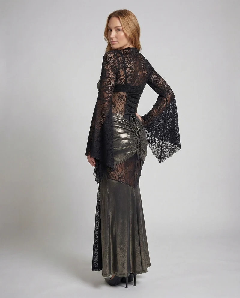 Damen Gothic-Abendkleid mit Spitzen-Einsätzen
